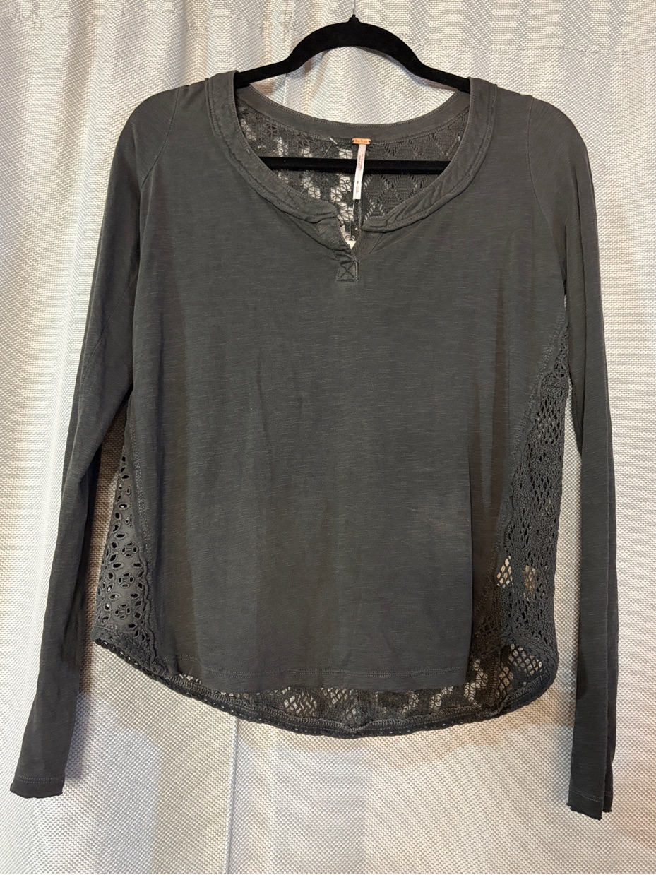 Free People Charcoal Lace-Panel Long Sleeve Top